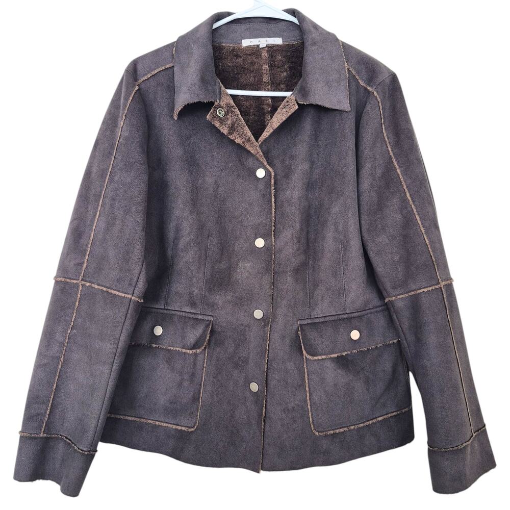 CAbi Womens Jacket Size L Faux Suede Sherpa Dark Brown Snap Front Pockets